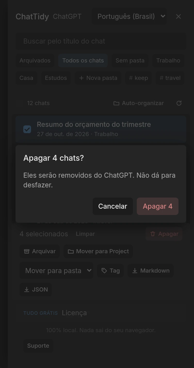 Diálogo de confirmação para apagar 4 chats.