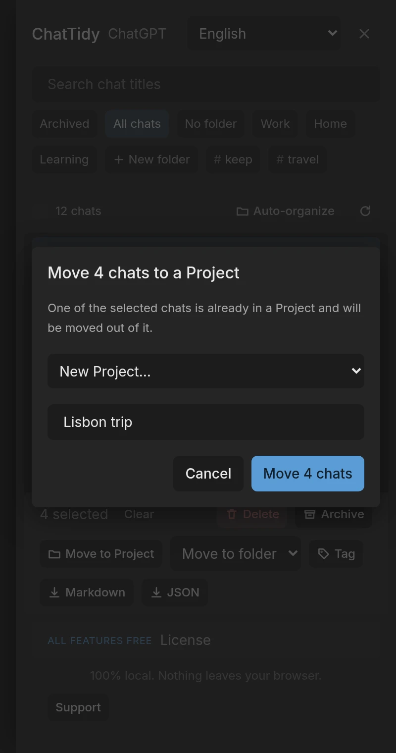 Move to Project dialog: a project dropdown and a name field for a new Project.