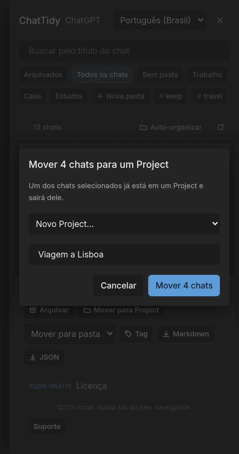 Diálogo Mover para Project: lista de Projects e campo para o nome de um Project novo.