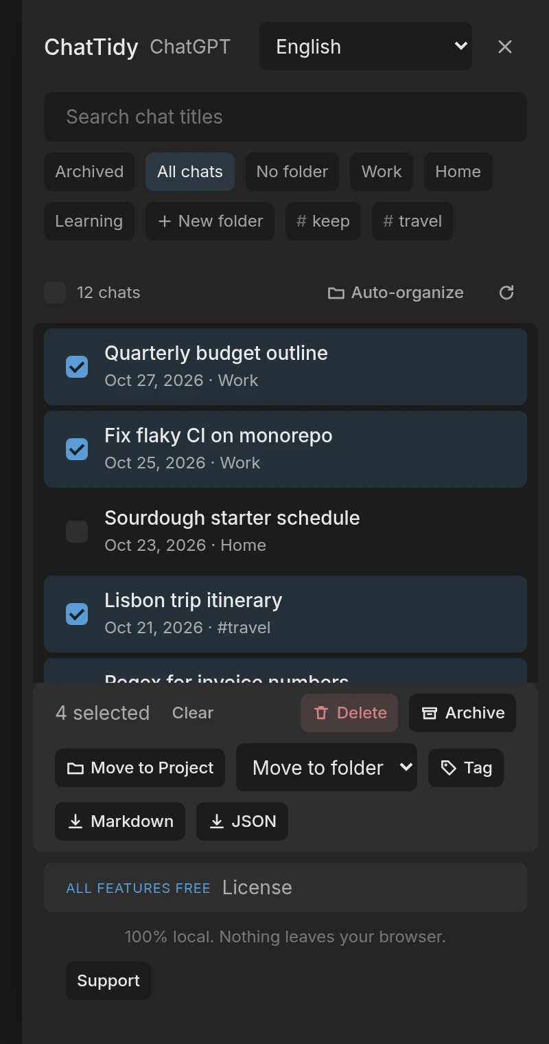 ChatTidy side panel: four chats selected, with actions to delete, archive and tag.