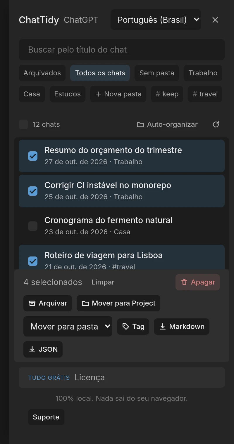 Painel do ChatTidy: quatro chats selecionados, com ações para apagar, arquivar e marcar com tag.